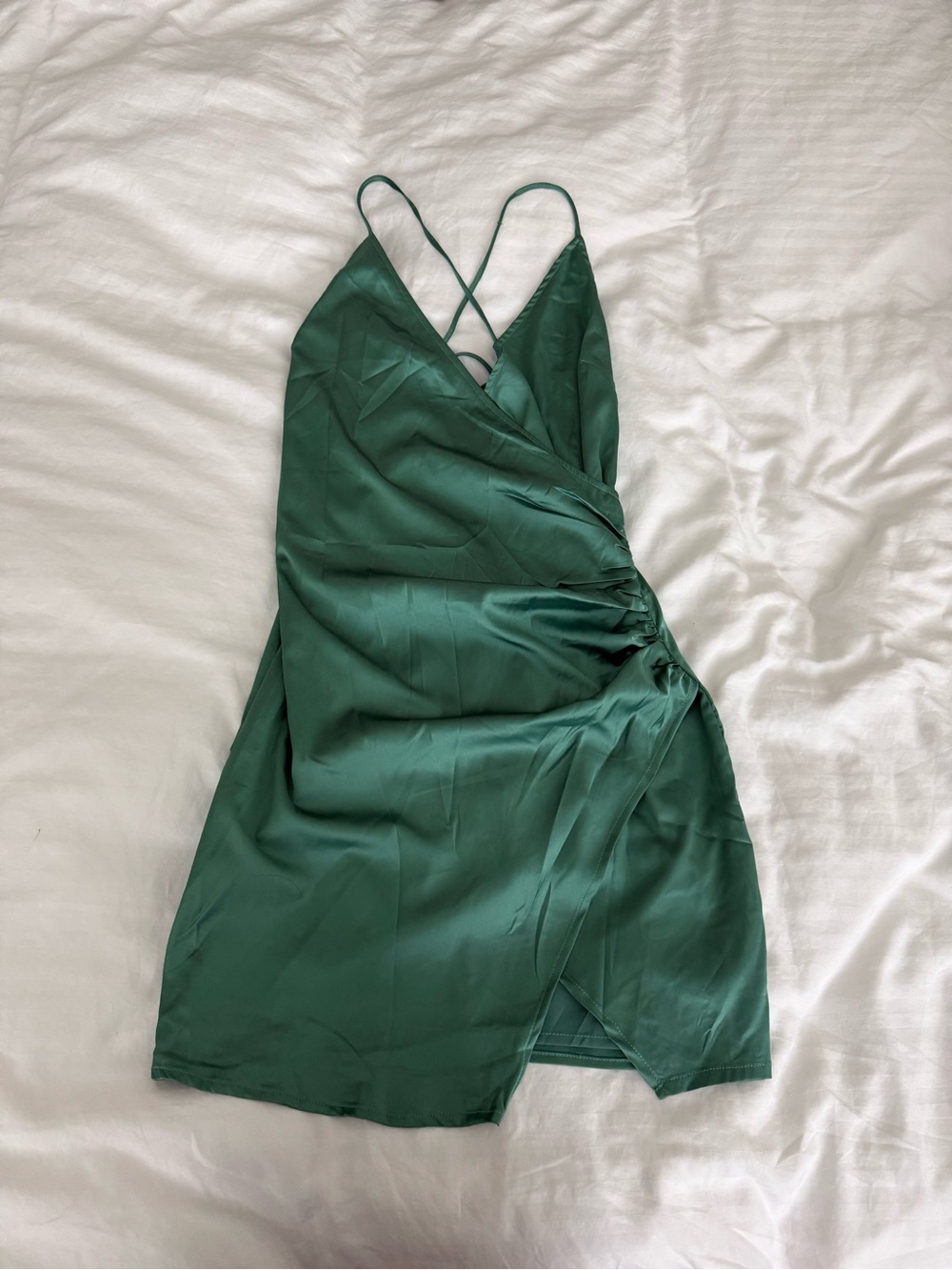 Pitaya Deep Green Satin Wrap Mini Dress